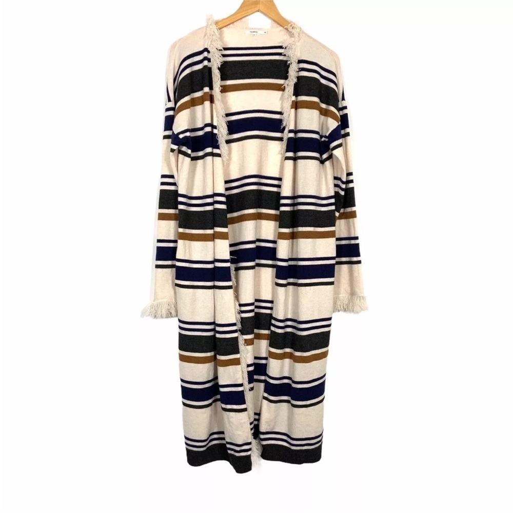 Tularosa Womens Striped Long Cardigan Size Medium Fringe Long Sleeve Pockets
